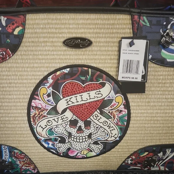Ed Hardy Multicolor Straw-Front Tote with Skull Heart Graphic - Picture 2 of 7